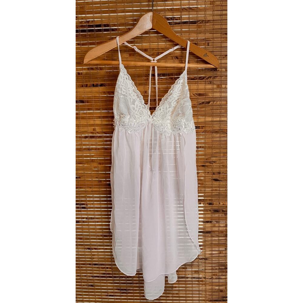 Linea Donatella Sheer Lace Babydoll Nightgown Pink Small Romantic Lingerie Pearl